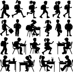Back to school. Silhouettes of school-aged children in everyday activities. EPS version.