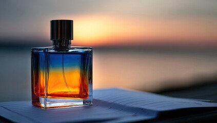 Sunset-hued perfume bottle rests on a notebook, backlit by a vibrant orange and blue sky over calm water