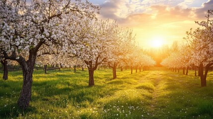 Obraz premium A serene sunset view over a blooming orchard, showcasing flowering trees under a colorful sky, perfect for nature enthusiasts and relaxation.
