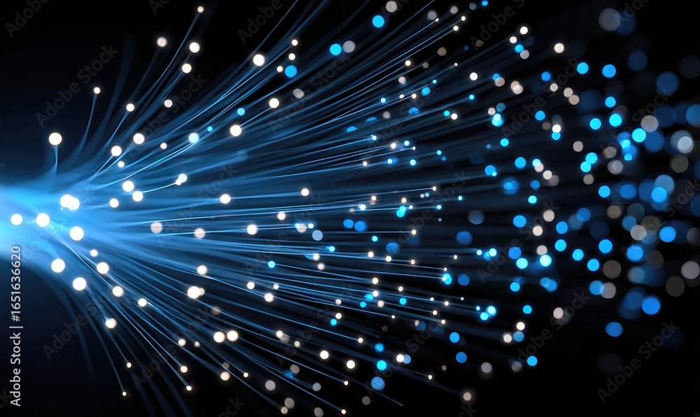 Poster a vibrant display of light beams and particles representing data transmission in a digital environme