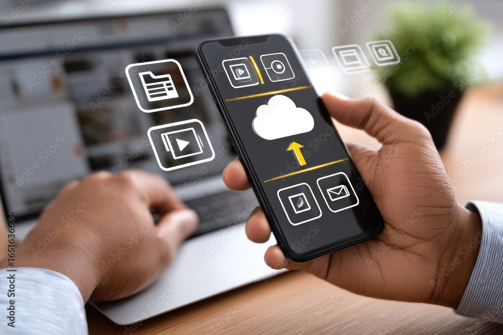 Aufkleber a person using a smartphone to upload data to the cloud while working on a laptop, illustrating mode
