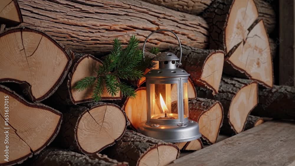 Poster warm holiday atmosphere scene featuring a silver lantern illuminated with a gentle flame, surrounded