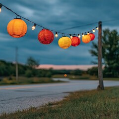 Dusk scene featuring a string of colorful paper lanterns and small lights strung along a wire attached to a rustic wooden post beside a rural road at sunset