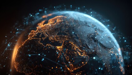 A digitally rendered Earth at night, glowing with city lights and interconnected nodes forming a global network