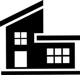 Vector silhouette illustration of a modern house icon with a slanted roof, windows, and a door.