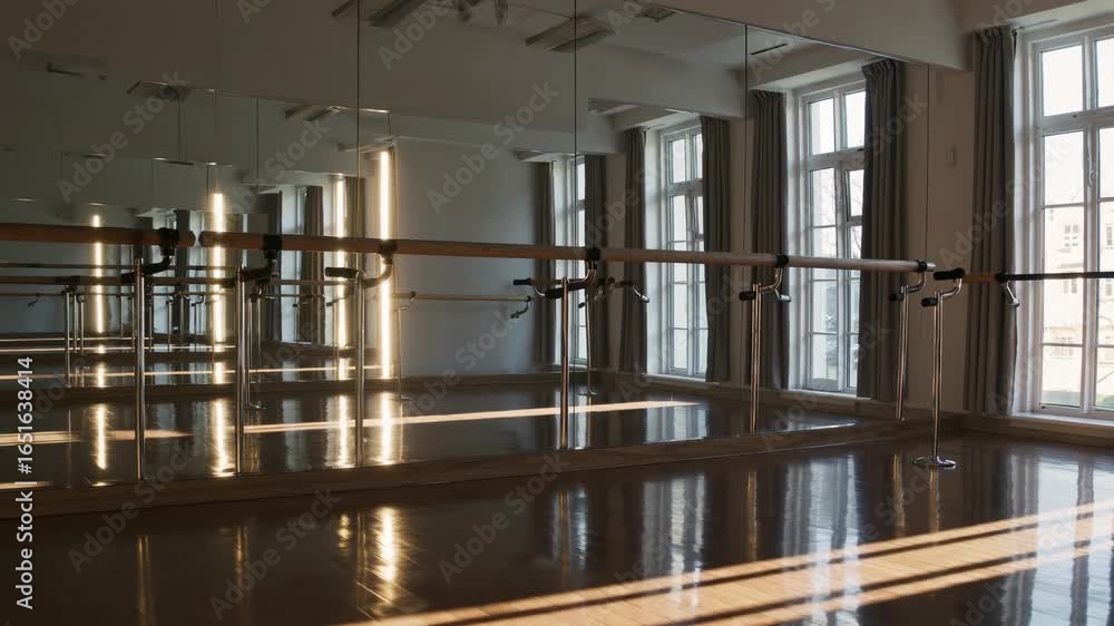 Poster sunlit dance studio with mirrors and ballet bars, capturing reflections and light patterns on the fl