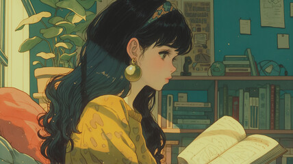 勉強や読書に励む女性を描いたアニメ風イラスト。学習、教育、集中力、知識、自己啓発、ライフスタイルを象徴するシーンとして、広告、教材、雑誌デザイン、背景素材に幅広く活用できる汎用性の高い抽象的な表現。