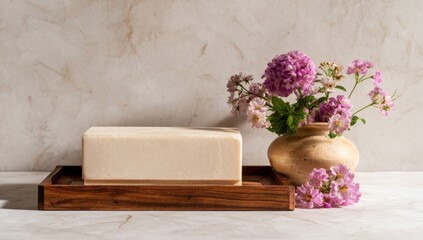 A large, pale rectangular bar of soap rests on a dark wooden tray next to a rustic vase of pink flowers against a textured beige background