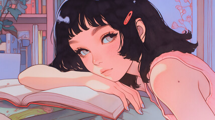 勉強や読書に励む女性を描いたアニメ風イラスト。学習、教育、集中力、知識、自己啓発、ライフスタイルを象徴するシーンとして、広告、教材、雑誌デザイン、背景素材に幅広く活用できる汎用性の高い抽象的な表現。