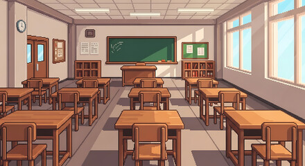 Empty Classroom Pixel Art Background | Retro 8-Bit School Interior, Pixelated Study Room, RPG Environment, Game Assets, Pixel School Scene, 2D Platformer Design, Pixel Education Scenery
