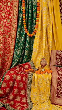 Vibrant Indian Textiles and Colorful Banarasi Silk Sarees. Festive display of traditional brocade fabric with gold zari work and marigold flowers for a celebration.
