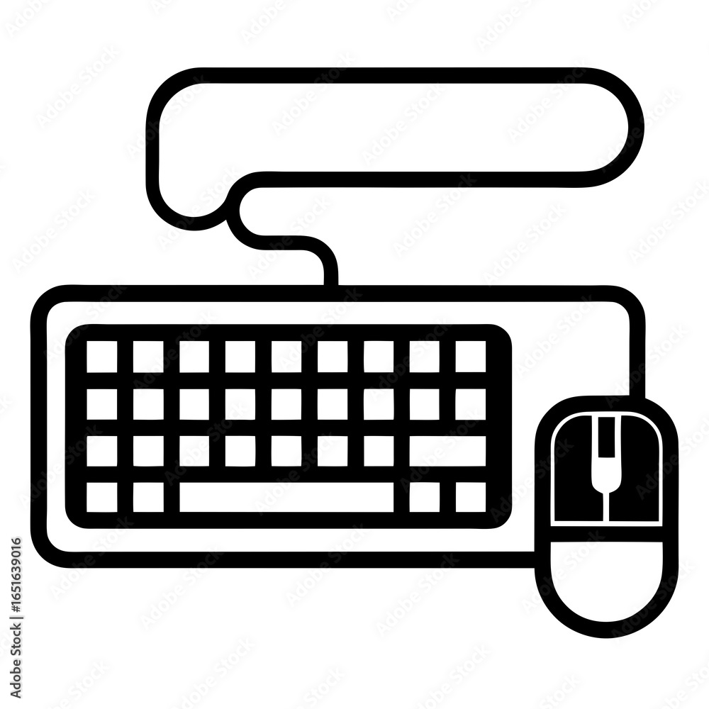Fototapete black and white outline icon of a computer keyboard and mouse with a speech bubble