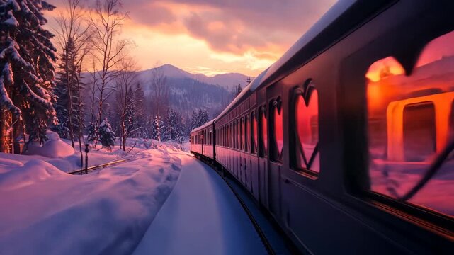 Romantic winter train journey through snowy mountains with heart-shaped window views