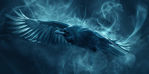Bird with outstretched wings amidst swirling blue smoke
