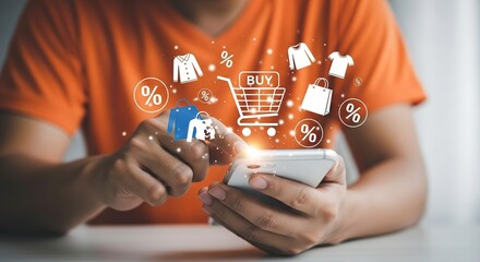 Online shopping with mobile phone and digital marketing, ecommerce concept