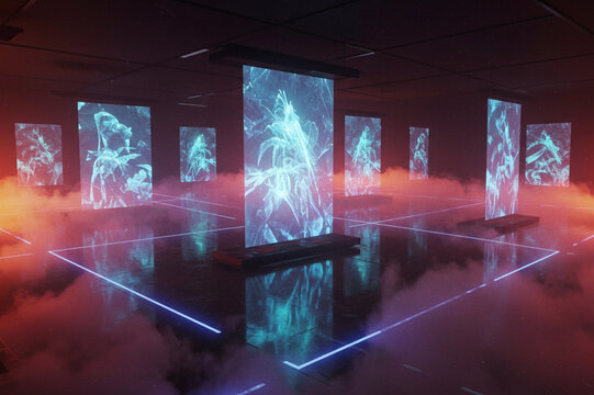 Futuristic digital screens with abstract glowing patterns in a dark room technology concept