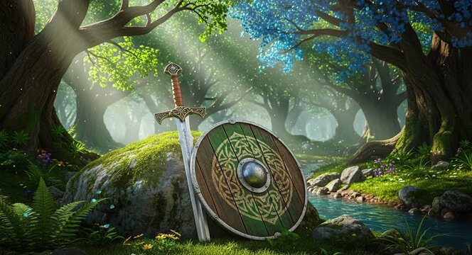 Ancient sword and shield resting on a rock in a lush fantasy forest landscape
Seamless looping, virtual video animation background. Generated AI	