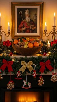 Saint Nicholas portrait on a festive Christmas fireplace mantel. Cozy holiday decorations with candles, garland, and a bowl of fruit.
