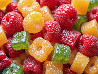 3D fruit-shaped gummies displayed on ceramic plate, colorful minimal decor, close-up,Lifelike gummy fruits take center stage with vibrant details and clean styling.
