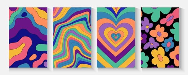 Obraz premium Set of retro wall decoration, groovy, trippy, geometric shape.Collection of 70s color gradient poster background, Vintage hippie wall art for interior, decorative, banner, cover, card.