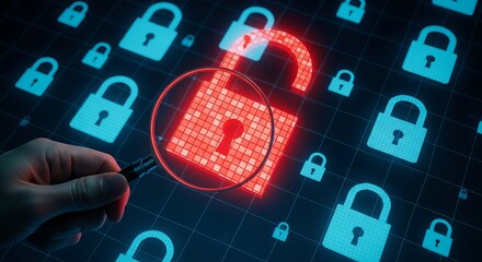 Cybersecurity concept with unlocked padlock and magnifying glass for data protection