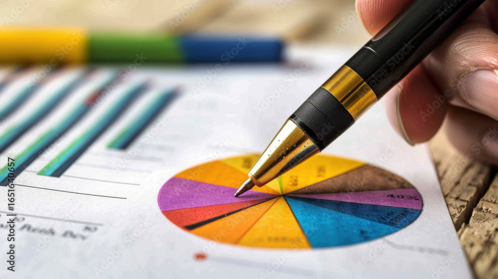 Poster analyzing data with pen on colorful pie chart and bar graphs, showcasing business statistics and fin