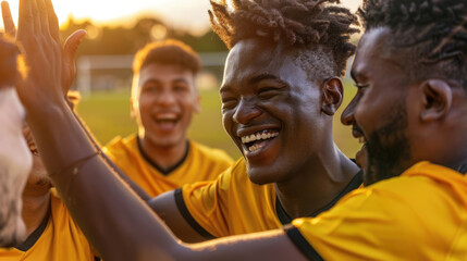 Joyful celebration among soccer players in yellow jerseys, showcasing camaraderie and teamwork on field. atmosphere is filled with excitement and happiness as they share victorious moment