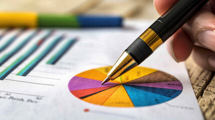 Analyzing data with pen on colorful pie chart and bar graphs, showcasing business statistics and financial analysis. vibrant colors represent different data segments, creating engaging visual