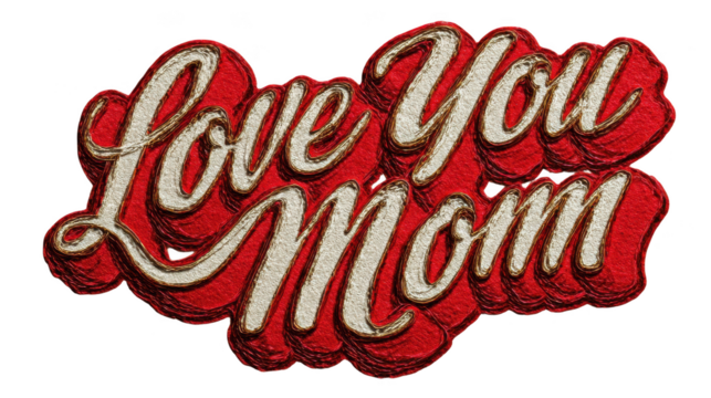 Love you mom is written in red and gold letters
