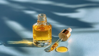 Amber oil in a glass bottle with a dropper, sits on a pale blue surface with dappled shadows.  A single drop of oil rests beside the bottle