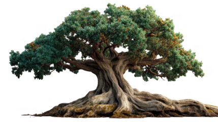 Large tree with a trunk that is twisted and gnarled