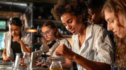 Young scientists engaged in laboratory experiment, showcasing teamwork and curiosity. They are using microscope and analyzing samples, creating atmosphere of discovery and learning