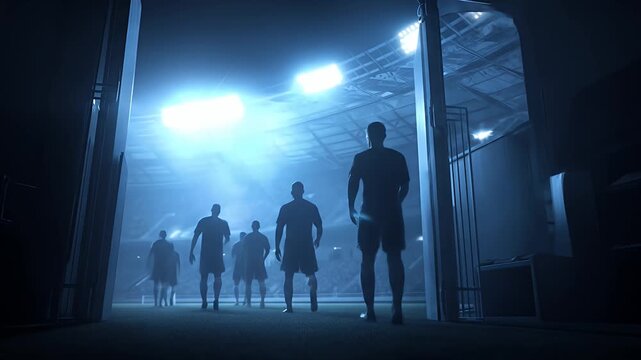 Athletes walk onto a brightly-lit sports field from a dark tunnel