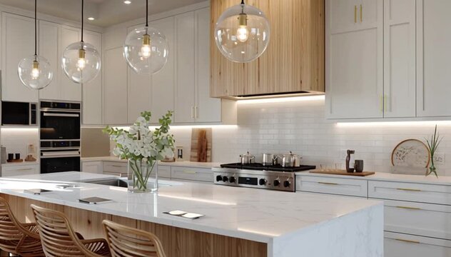 Luxury Kitchen with White Cabinets and Wooden Bar Chairs