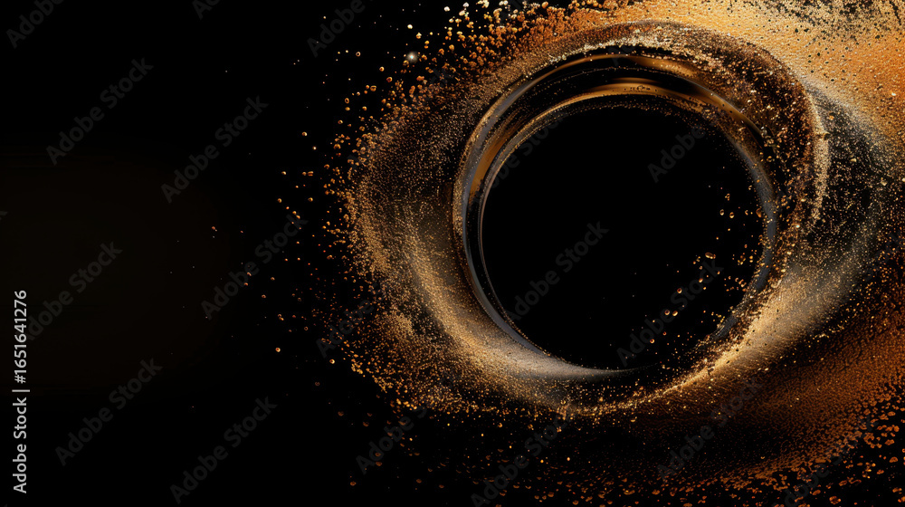 Poster swirling vortex of golden particles creates mesmerizing effect against black background, evoking sen