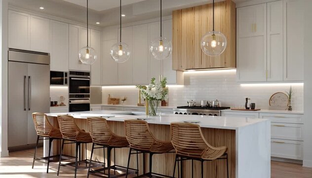 Contemporary Kitchen with White Cabinets and Wooden Seating