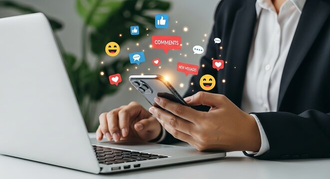 Woman using social media on her phone with laptop for digital marketing