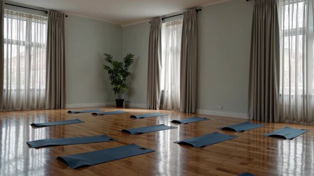 Tilt Movement in a Calm Indoor Yoga Studio with Empty Yoga Mats Arranged Neatly on a Shiny Wooden Floor, Soft Natural Light Filtering Through Large Windows