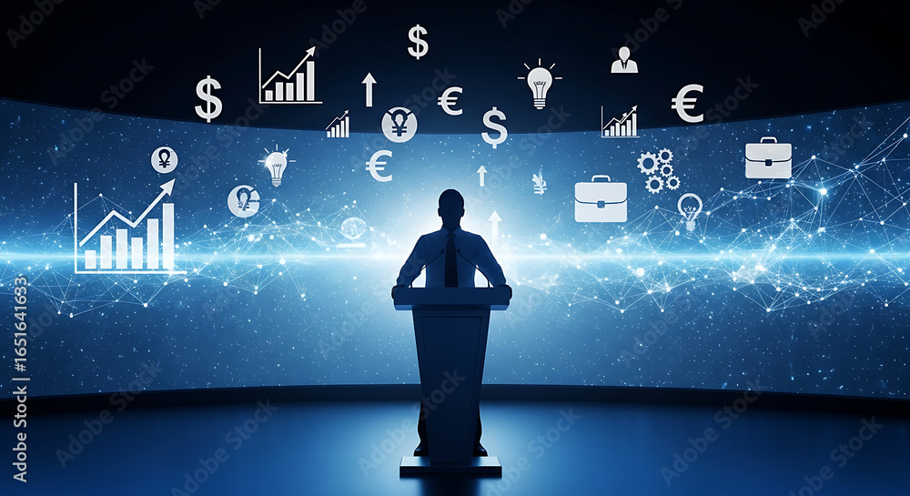 Poster silhouette of a person at a podium with financial and business icons floating in the background ai g