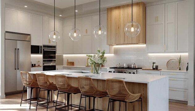 Modern White Kitchen with Wooden Barstools and Soft Lighting