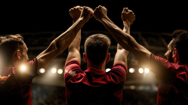 Excited fans celebrate victory in stadium, raising their arms in triumph. atmosphere is electric, filled with joy and anticipation as crowd cheers for their team - Powered by Adobe
