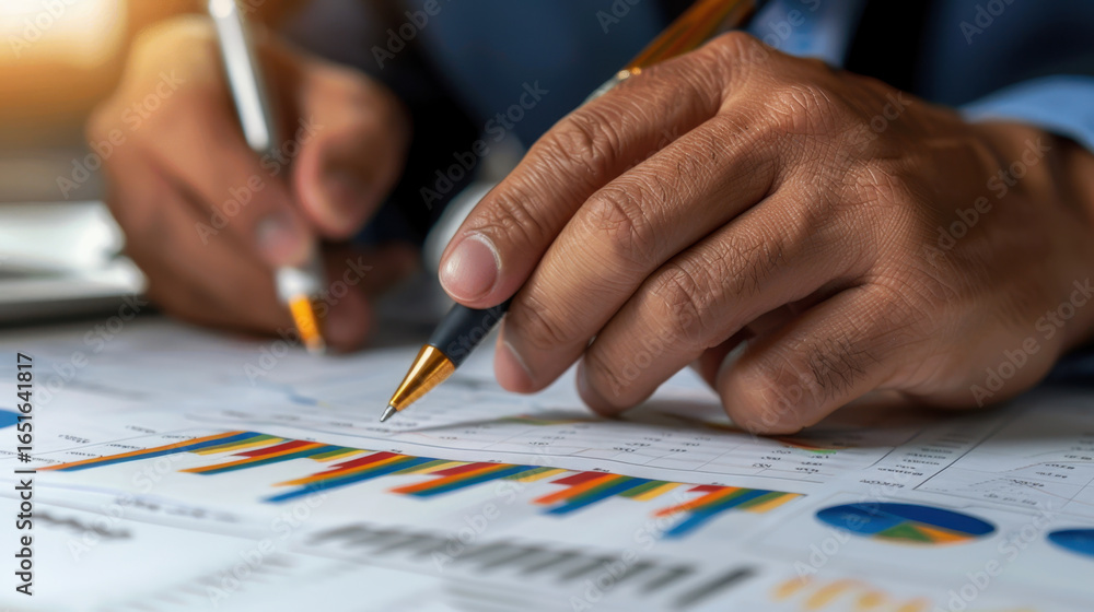 Poster analyzing financial data with focus on charts and graphs, person is engaged in detailed work using p