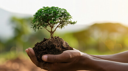 Person holds small tree with roots in their hands, symbolizing care for nature and environmental sustainability. background features blurred landscape, enhancing focus on tree