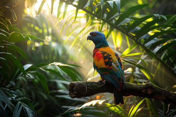 Obraz premium Brightly Colored Exotic Bird Perched in a Tropical Jungle Garden