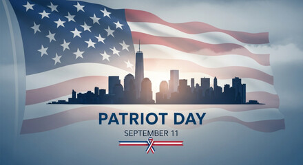 Patriot day design with american flag and city skyline silhouette