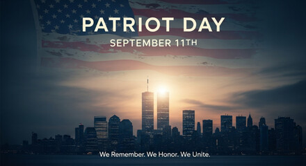 Patriot day september eleventh with american flag and city skyline
