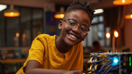 Young boy with glasses smiles brightly while working on robotics project in modern classroom. His enthusiasm for technology and learning is evident in this engaging environment