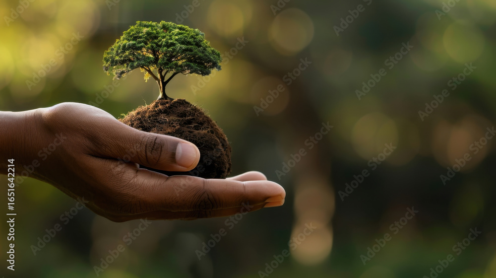 Poster hand holds small tree growing from mound of soil, symbolizing growth and environmental care. backgro