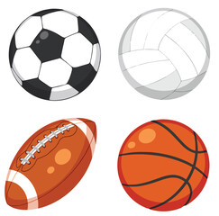 Obraz premium A Colorful Quartet of Sport Balls: Soccer, Volleyball, Football, and Basketball