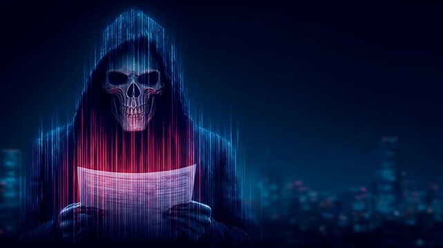 Figure wearing a hood with a skull face reads a document. City background